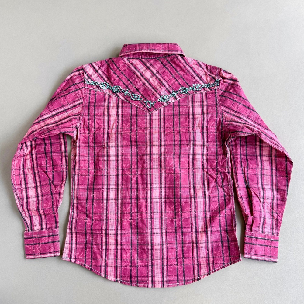 Cowgirl Hardware Western Snap Shirt Pink Plaid Embroidered Girls Small Sz 6 NWOT - Picture 2 of 7